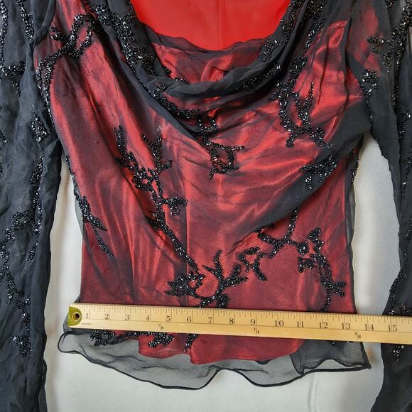 Caché 100% Silk Sheer Blouse Medium Beaded Bell Sleeves Red Black - Picture 5 of 12
